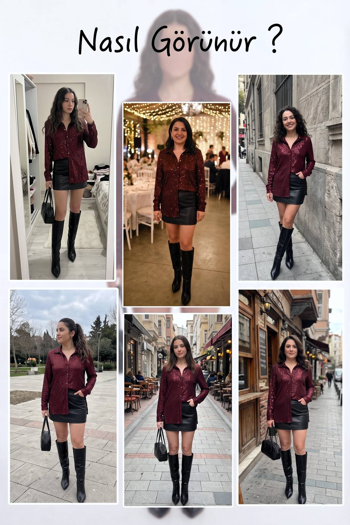 Bordo payetli, uzun kollu, gömlek yaka The ZKS bluz farklı mekanlarda kombin önerileri