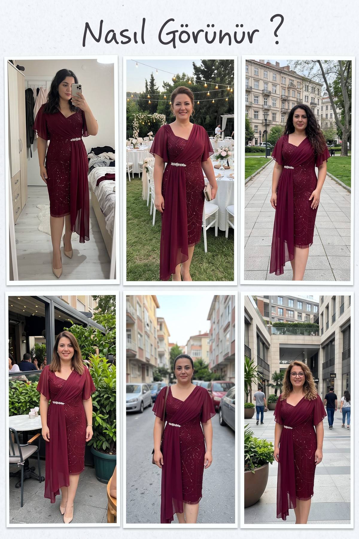 Bordo payetli midi abiye, farklı mekanlarda çekilmiş altı farklı görünüm