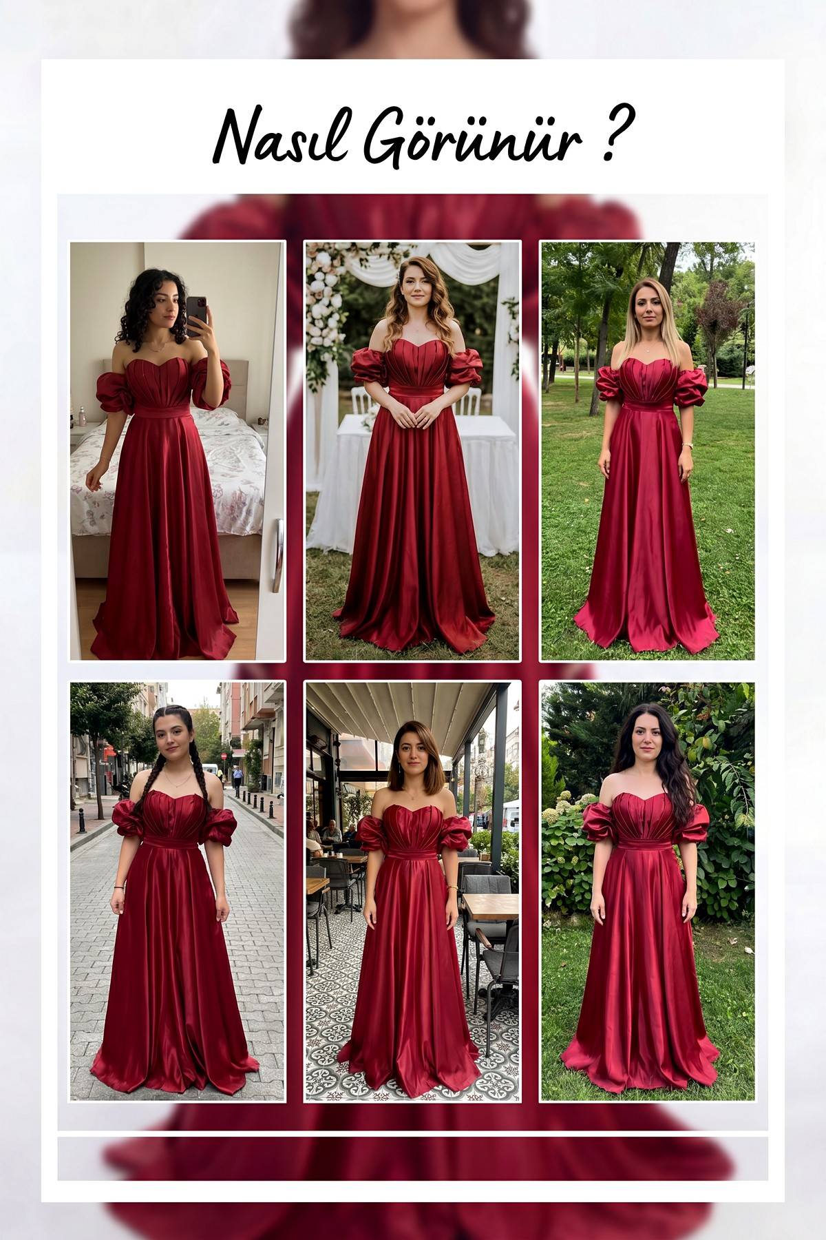 The ZKS bordo prenses kesim abiye elbise, çıkarılabilir kollu, farklı mekanlarda giyilmiş modeller