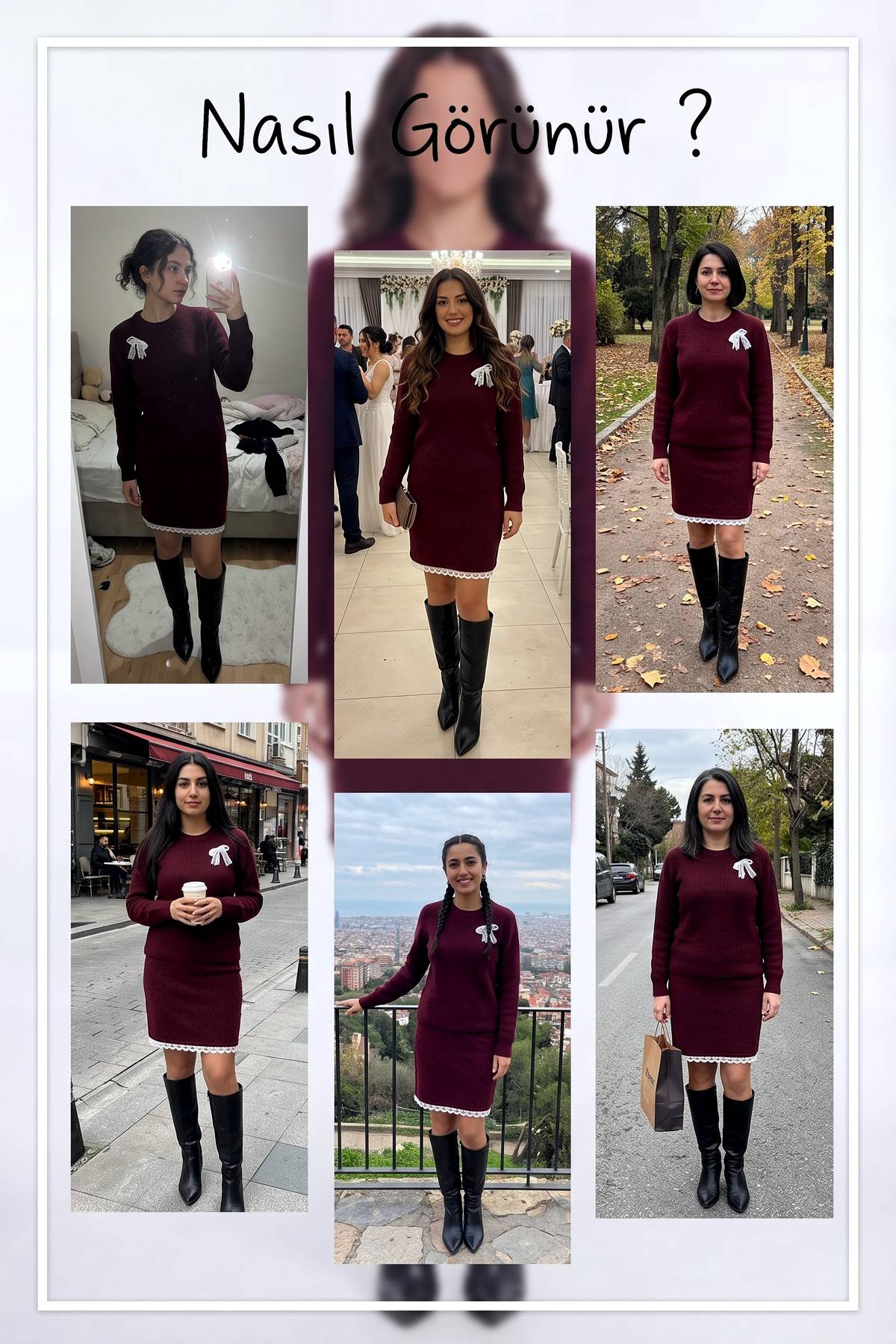 Bordo The ZKS puantiyeli etek kazak ikili takım, farklı mekanlarda kullanım önerileri, modelin kombini