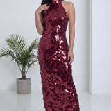 Bordo Pulpayet Halter Yaka Midi Abiye Elbise