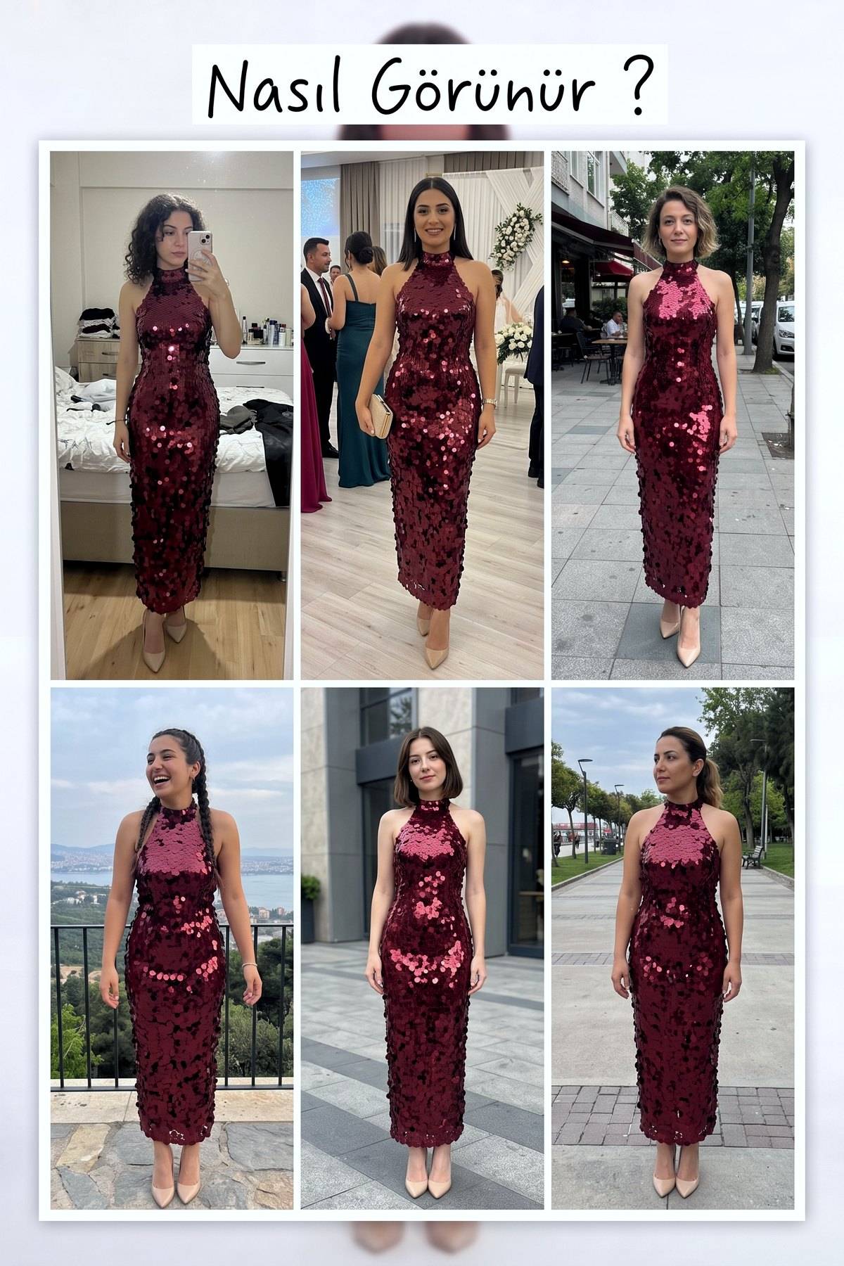 The ZKS pulpayet halter yaka midi abiye elbise, farklı açılardan ve ortamlardan çekilmiş altı farklı görsel