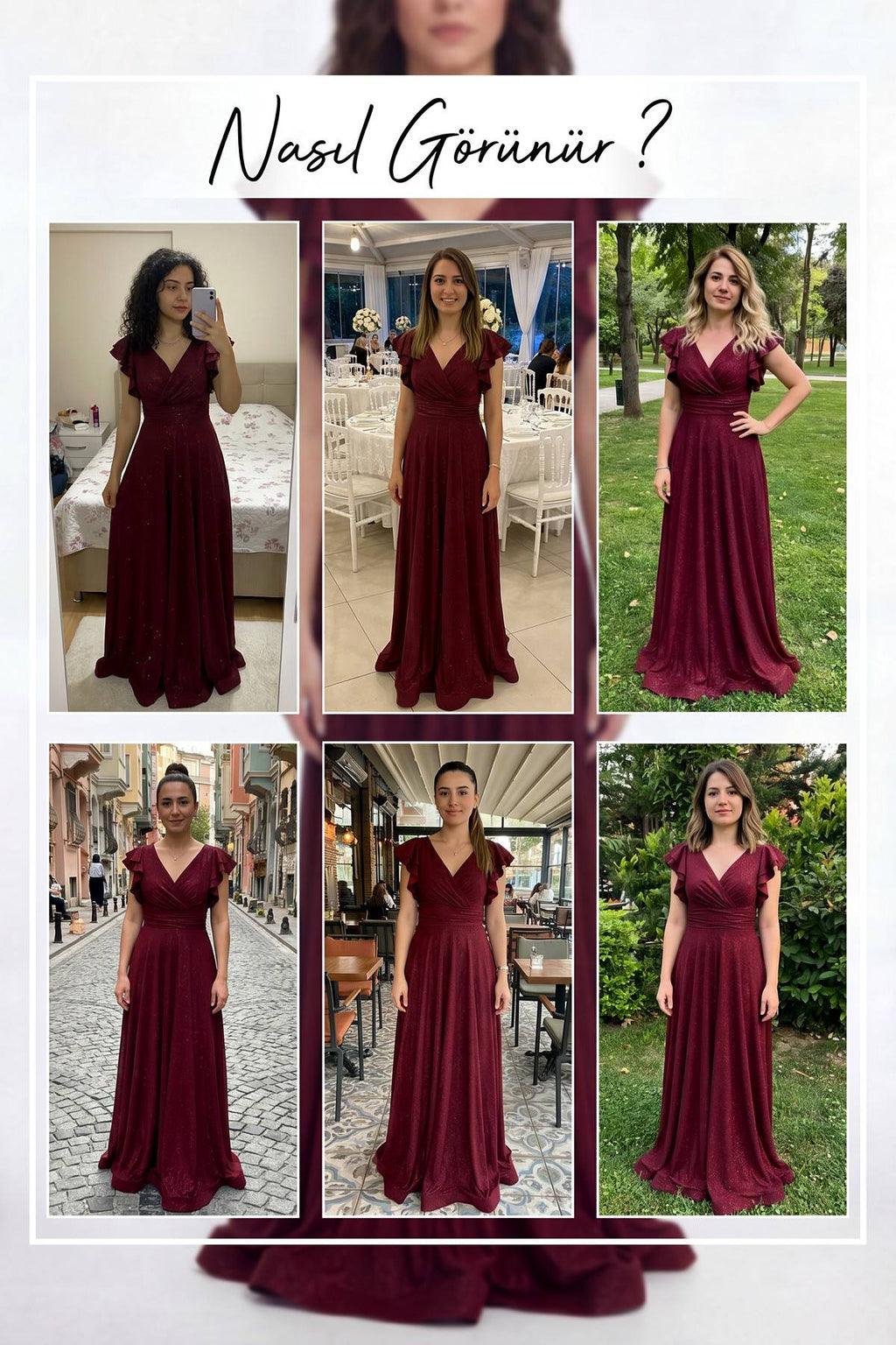 Farklı mekanlarda giyilmiş bordo simli V yaka fırfır kol abiye elbise koleksiyonu