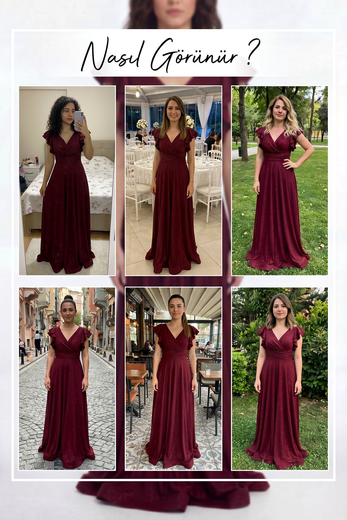 Farklı beden ve ortamlarda The ZKS bordo simli abiye elbise giyen modeller