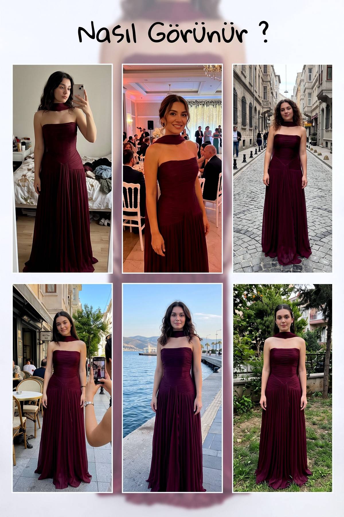 The ZKS bordo straplez drapeli maxi abiye elbise farklı mekanlarda kullanım örnekleri