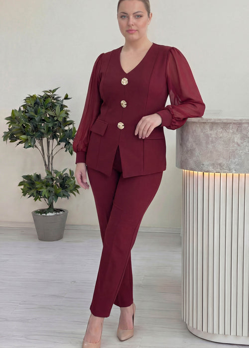 Bordo Gold Düğmeli Şifon Kol Büyük Beden İkili Takım
