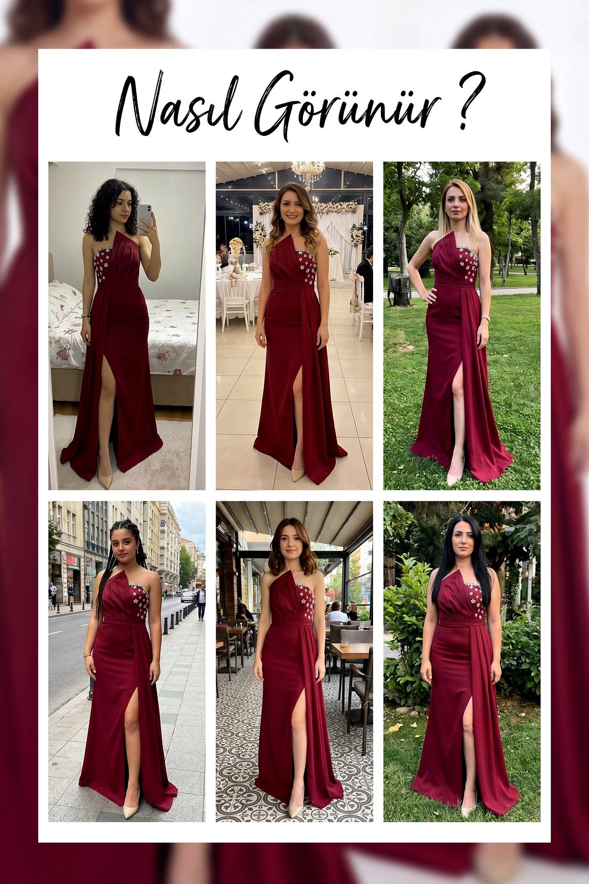 Bordo taş detaylı kuyruklu yırtmaçlı abiye elbise farklı mekanlarda farklı modeller