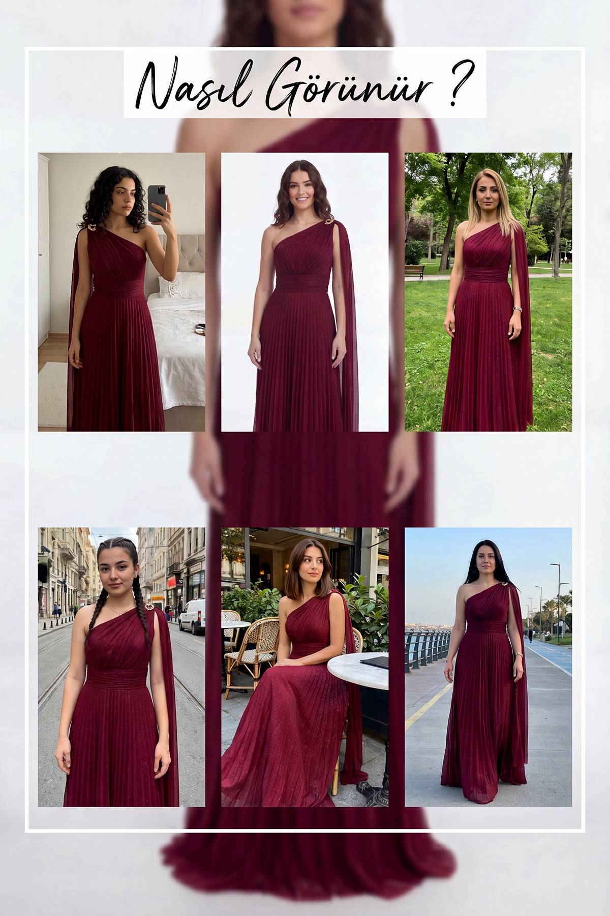 Farklı ortamlarda The ZKS tek omuz pelerinli simli bordo abiye elbise giyen modellerin kolajı.
