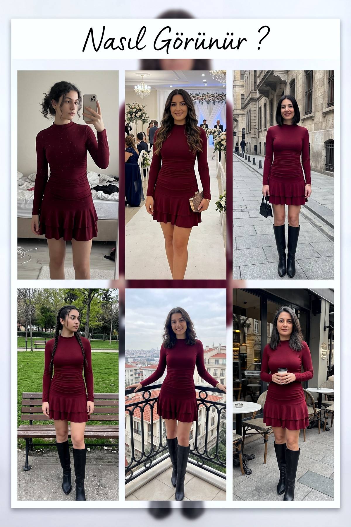 Farklı mekanlarda The ZKS bordo uzun kollu fırfırlı mini elbise giyen modellerin kolajı
