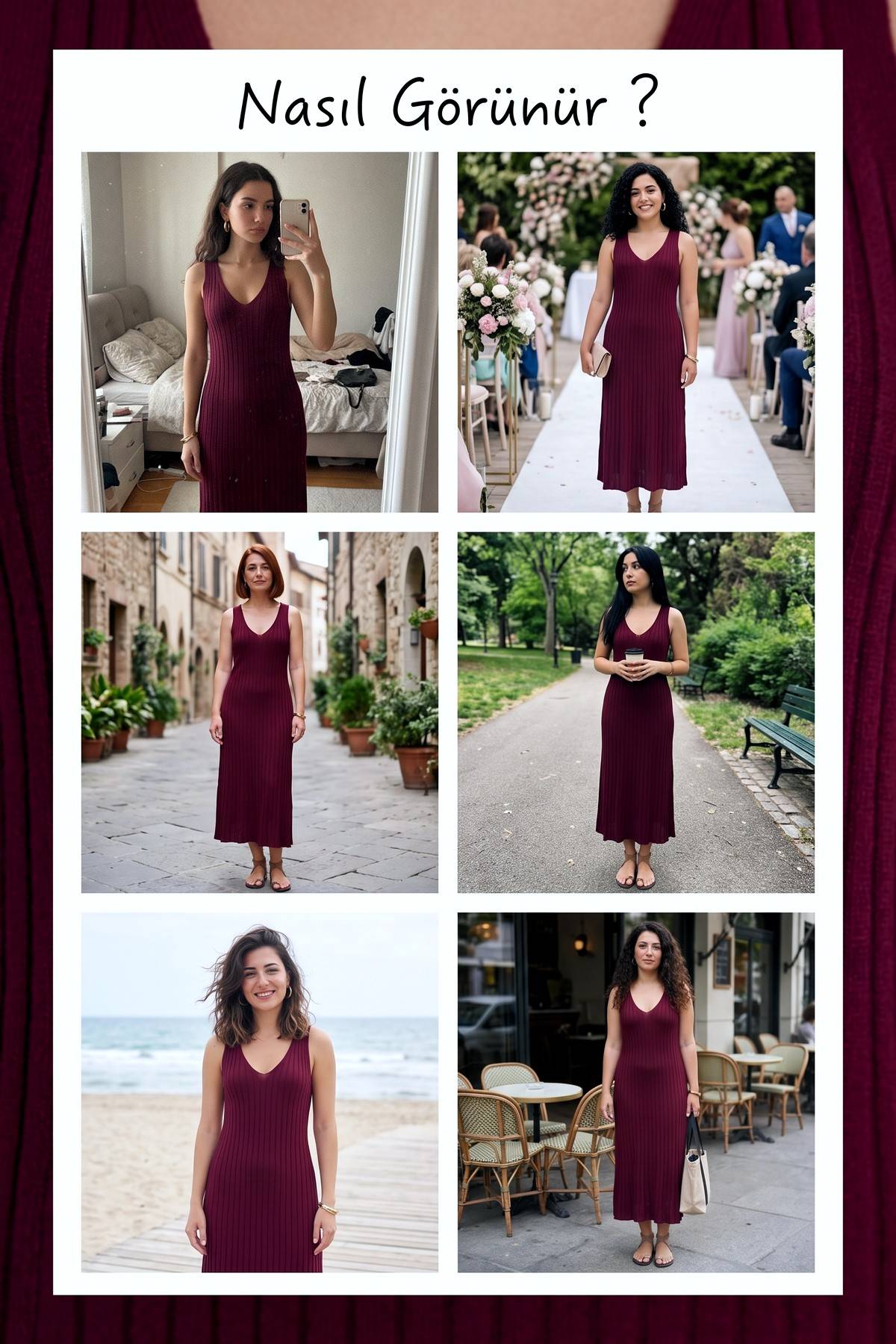 The ZKS V yaka fitilli triko midi elbise bordo, sırt ve yan detayları gösteren arka görünüm
