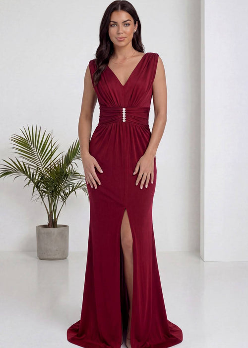 Bordo V Yaka Piliseli Taş Detaylı Abiye Elbise