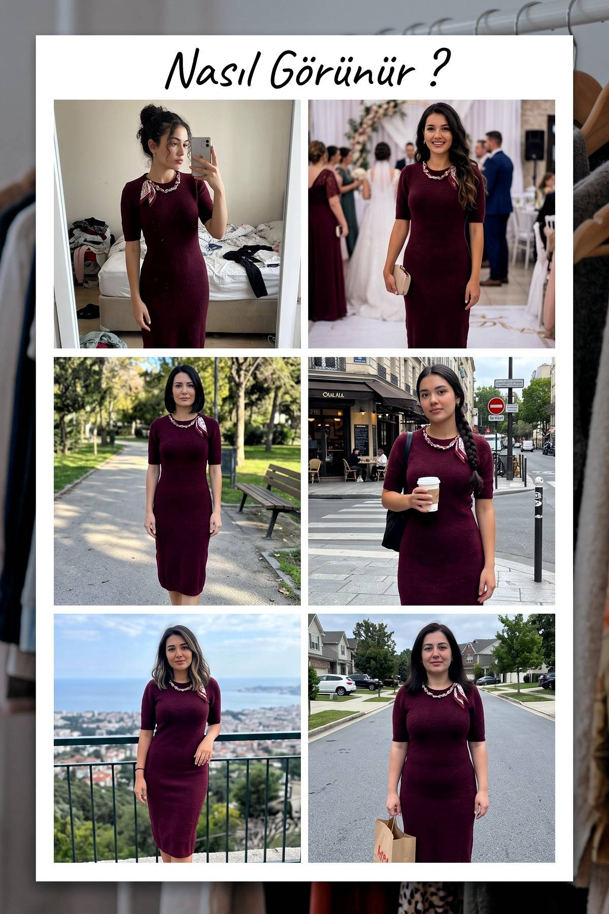 Kullanıcıların farklı ortamlarda giydiği bordo kısa kollu midi triko elbise kombinleri kolajı