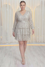 büyük beden abiye pul payet kısa boy bej mezuniyet davet elbisesi dekolteli mini abiye 