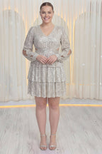 Mini boy bej-gold uzun kollu payetli eteği kat kat abiye elbise büyük beden 