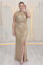 Büyük beden  gold-Bej Dik Yaka Kuşak Detay Yırtmaçlı Pul Payet Abiye Elbise Kadın 