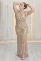 Drapeli Kadın Bej Dik Yaka Kuşak Detay Yırtmaçlı Pul Payet Abiye Büyük Beden  Elbise