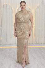 Kadın Bej Dik Yaka Kuşak Detay Yırtmaçlı Pul Payet Abiye Elbise Büyük Beden