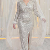 Büyük Beden Bej Pul Payet Tüylü Uzun Abiye Elbise