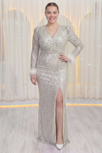 Büyük beden nedime uzun kollu pul payetli kruvaze uzun drapeli yırtmaçlı abiye elbise