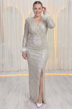 uzun balık yırtmaçlı drapeli balık uzun kollu bej söz nişan için abiye büyük beden 