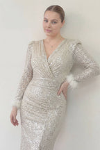 Bej- gold kruvaze yakalı uzun kollu kışlık davet elbisesi kol ağzı otriş detaylı drapeli büyük beden abiye 