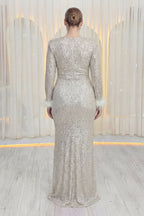 Büyük beden arka rtadan fermuar kapamalı bej uzun abiye uzun koll otrişli payet