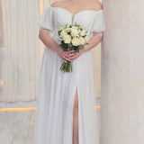 Büyük Beden Beyaz Simli Düşük Omuz Abiye Elbise – Nikah