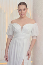 Büyük beden simli tül kısa balon kollu bele oturan uzun yırtmaçlı kalp yakalı düşük omuzlu söz nişan abiyesi