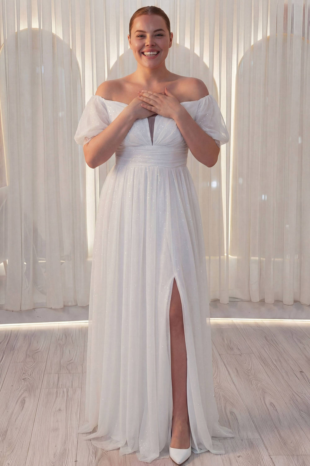 Beyaz nikah elbisesi büyük beden uzun yırtmaçlı simli tül kısa kollu A kesim abiye 