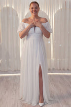 Beyaz nikah elbisesi büyük beden uzun yırtmaçlı simli tül kısa kollu A kesim abiye 