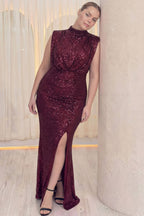 Düğün davet için büyük beden bordo uzun balık pul payet kumaşlı yırtmaçlı abiye 