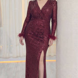 Büyük Beden Bordo Pul Payet Tüylü Uzun Abiye Elbise