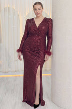 Bordo büyük beden yırtmaçlı payetli kruvaze yakalı uzun kollu balık uzun abiye elbise 