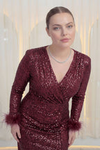 Yakın detay kruvaze darapeli uzun kollu kol ucu otriş detaylı bordo büyük beden abiye elbise