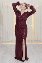 Büyük beden bordo payetli yırtmaçlı drapeli kruvaze yakalı uzun balık model abiye 