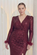 Kruvaze yakalı Yakın detay uzun kollu kol ağzı otrişli drape detaylı balık model büyük beden abiye elbise bordo