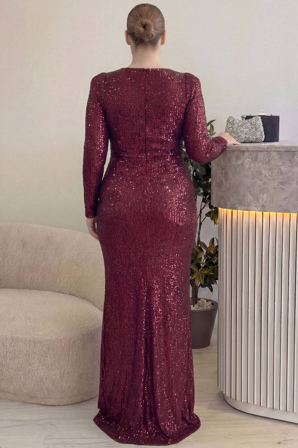 Arka detay bordo uzun kollu balık model arka ortadan fermuarlı büyük beden abiye kış düğünleri