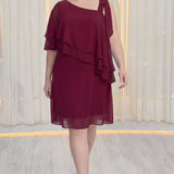 Büyük Beden Bordo Tek Omuz Şifon Abiye – Volanlı Fiyonk Detaylı