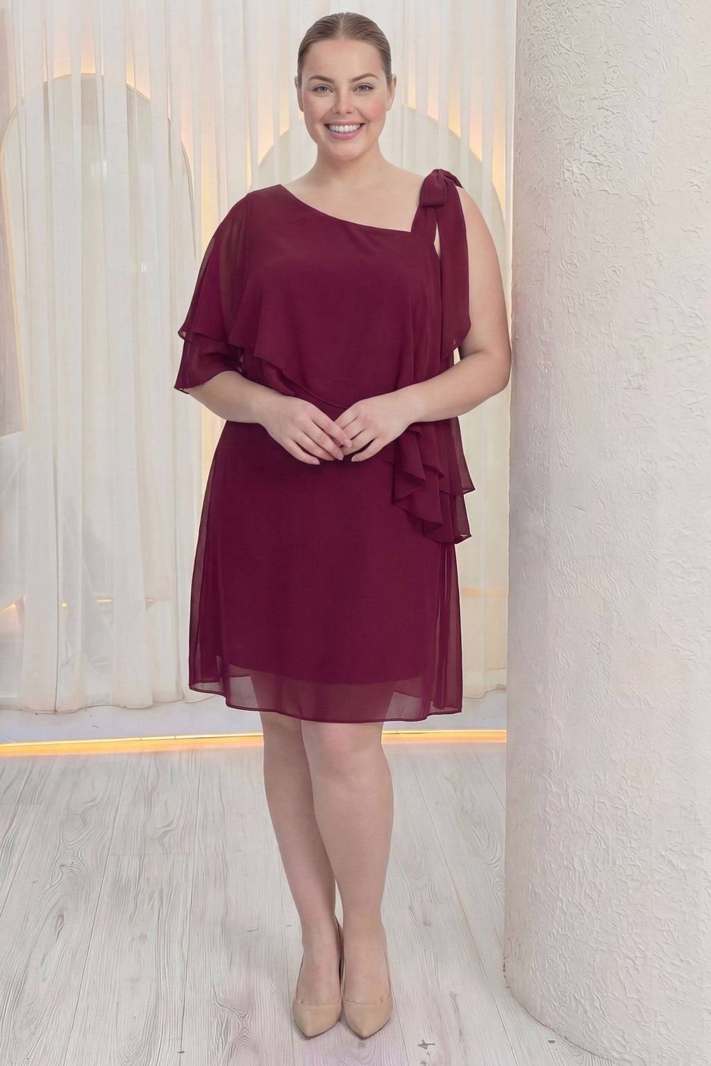 Büyük Beden Bordo Tek Omuz Şifon Abiye – Volanlı Fiyonk Detaylı