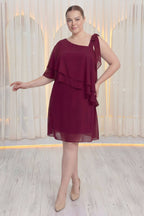 Büyük Beden Bordo Tek Omuz Şifon Abiye – Volanlı Fiyonk Detaylı