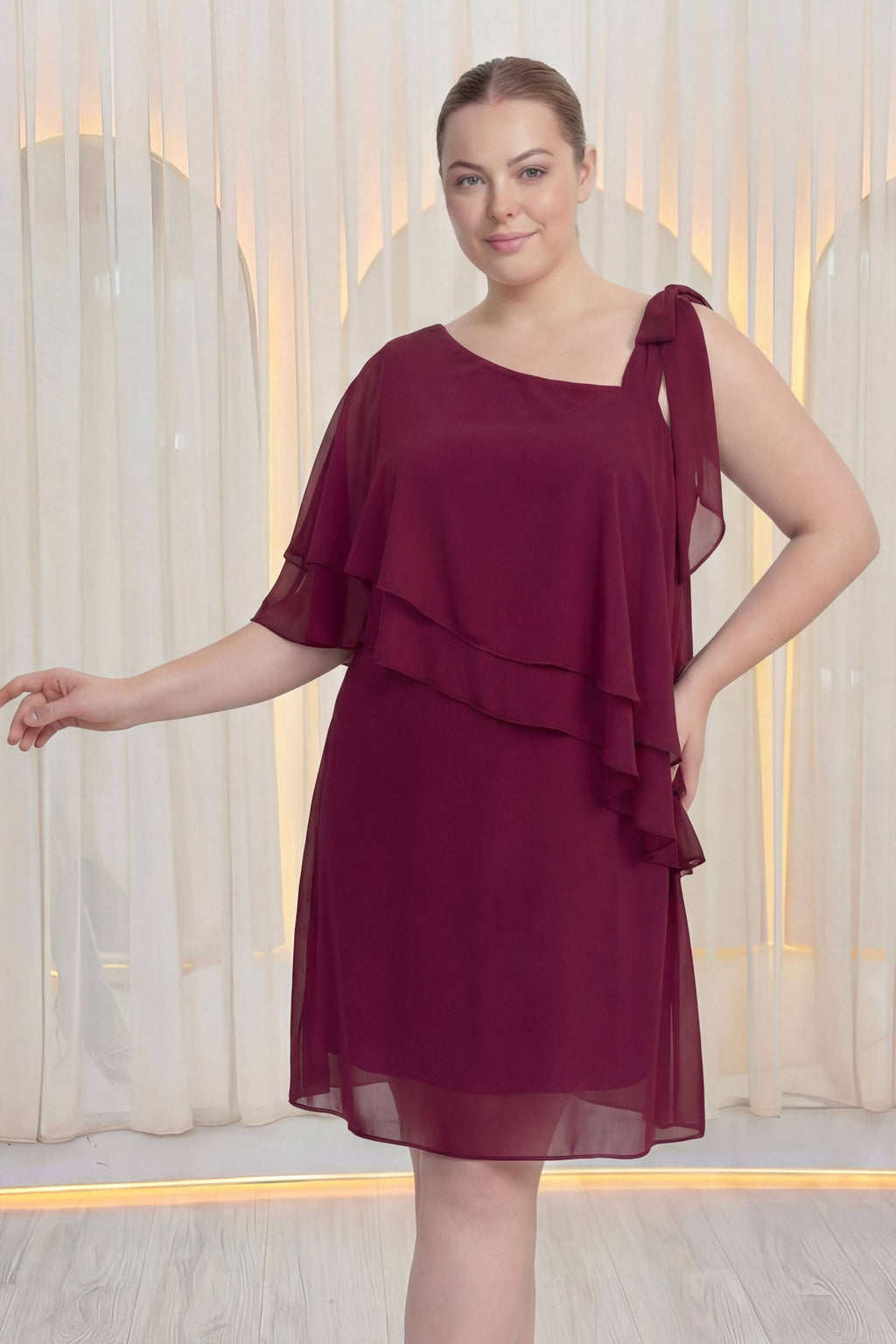 Büyük Beden Bordo Tek Omuz Şifon Abiye – Volanlı Fiyonk Detaylı