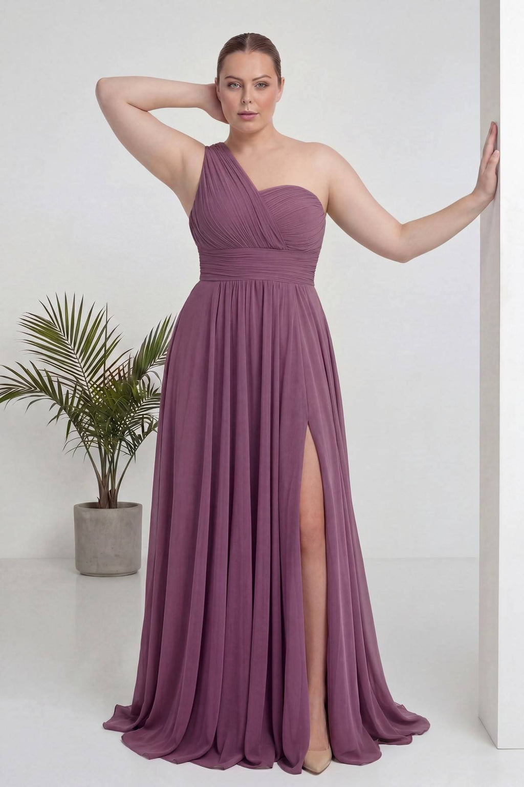 Gül Kurusu Tek Omuz Piliseli Kloş Abiye Elbise