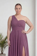 Büyük Beden Gül Kurusu Tek Omuz Piliseli Şifon Uzun Abiye