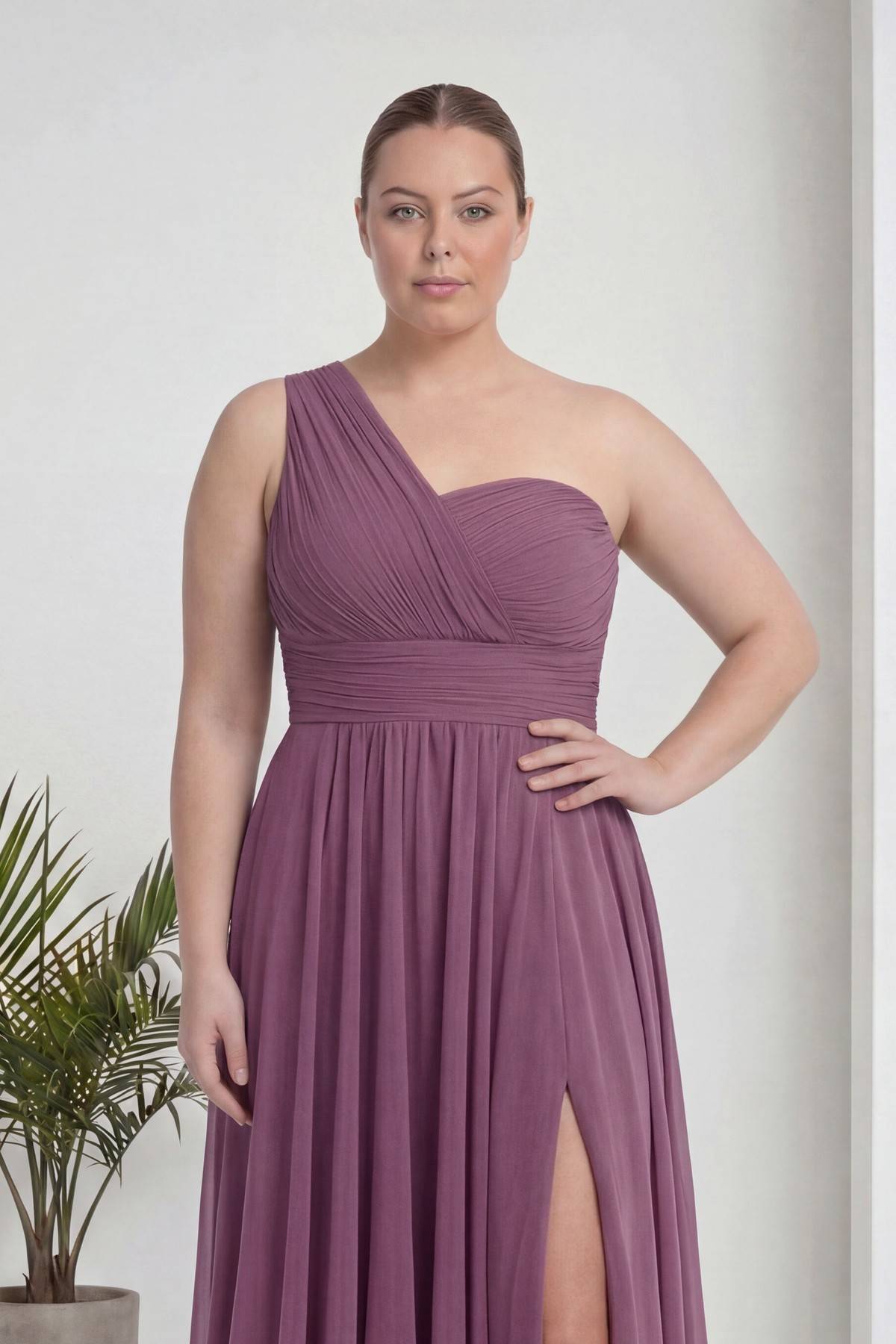 Büyük Beden Gül Kurusu Tek Omuz Piliseli Şifon Uzun Abiye