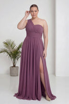 Büyük Beden Gül Kurusu Tek Omuz Piliseli Şifon Uzun Abiye