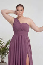 Büyük Beden Gül Kurusu Tek Omuz Piliseli Şifon Uzun Abiye