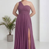 Büyük Beden Gül Kurusu Tek Omuz Piliseli Şifon Uzun Abiye