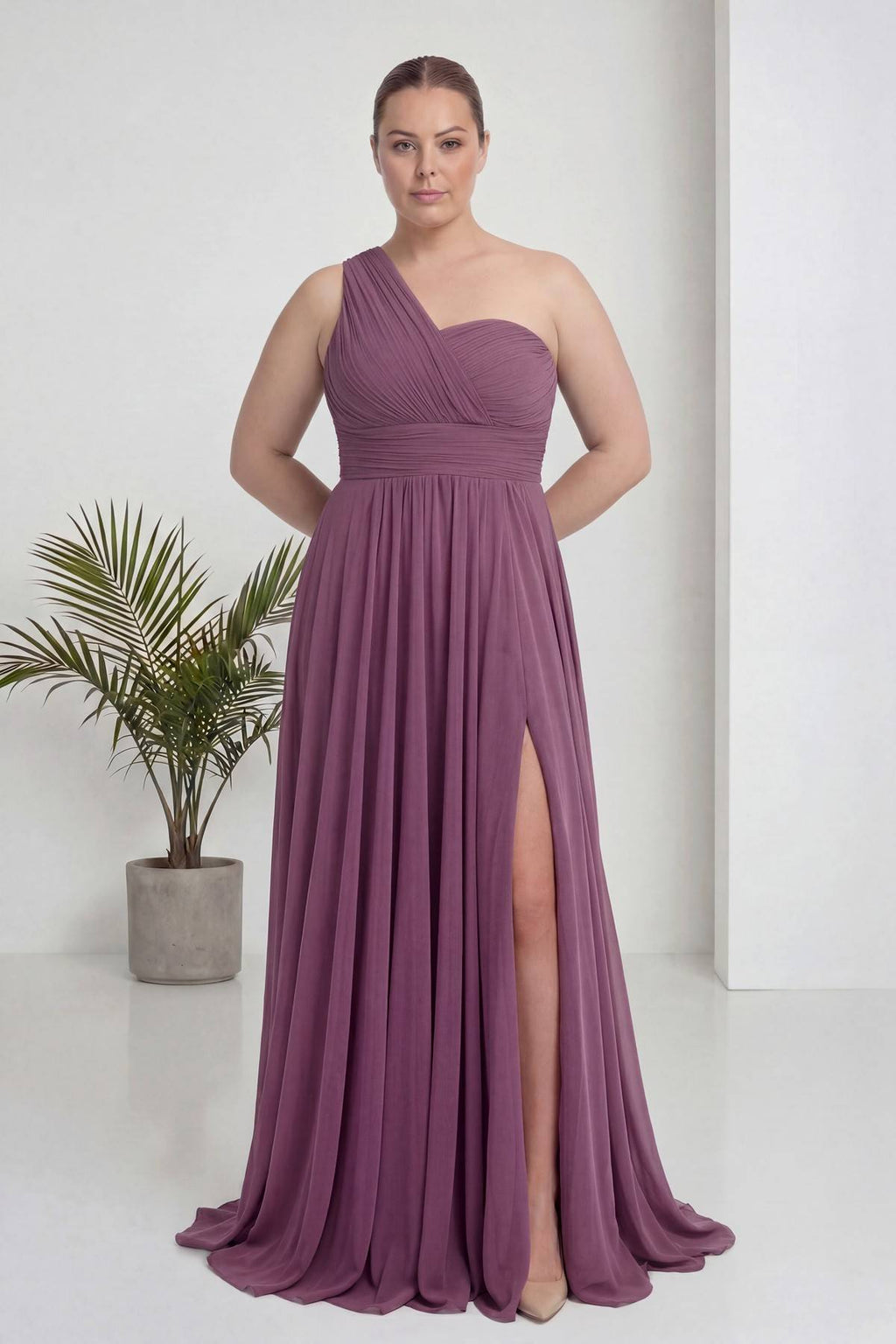 Büyük Beden Gül Kurusu Tek Omuz Piliseli Şifon Uzun Abiye