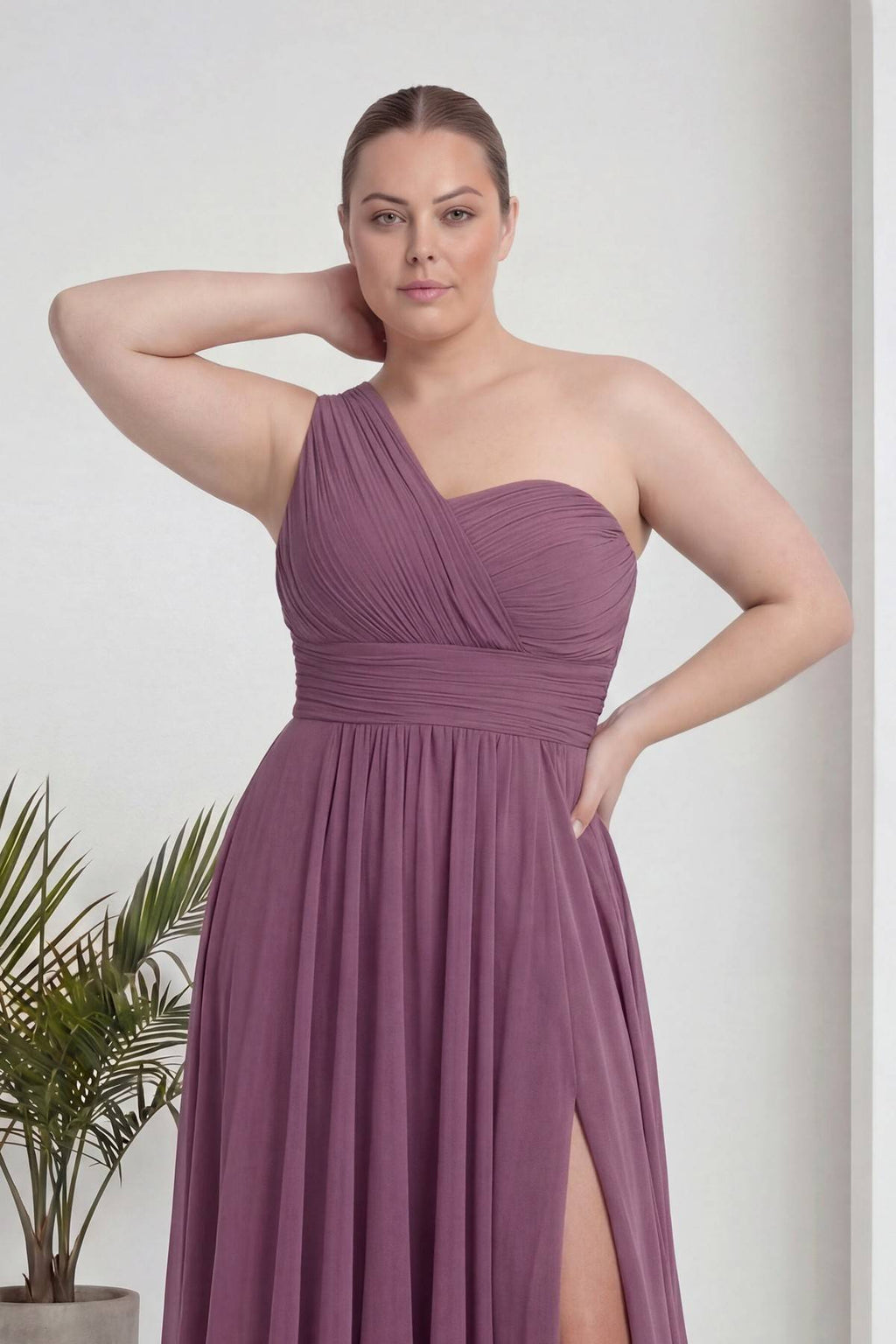 Büyük Beden Gül Kurusu Tek Omuz Piliseli Şifon Uzun Abiye