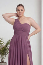 Büyük Beden Gül Kurusu Tek Omuz Piliseli Şifon Uzun Abiye